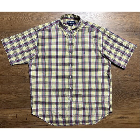 Vintage Ralph Lauren Button Down Shirt Mens Yellow Plaid Blake Short Sleeve 80s - Picture 2 of 10